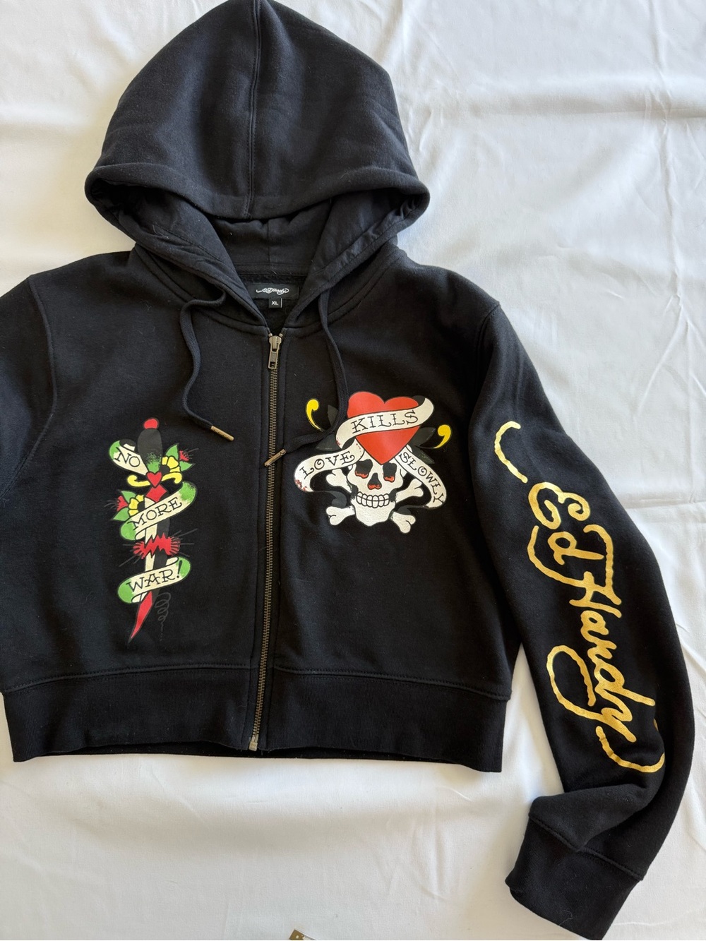Ed Hardy Black Cropped Zip Hoodie with Colorful Tattoo Graphics - Picture 8 of 11